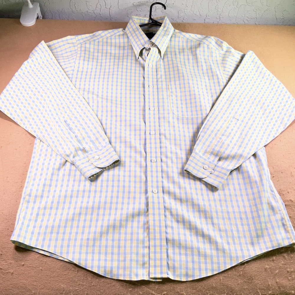 Brooks Brothers Mens L Non-Iron Cotton Gingham Check Button Dn Shirt Blue Yellow
